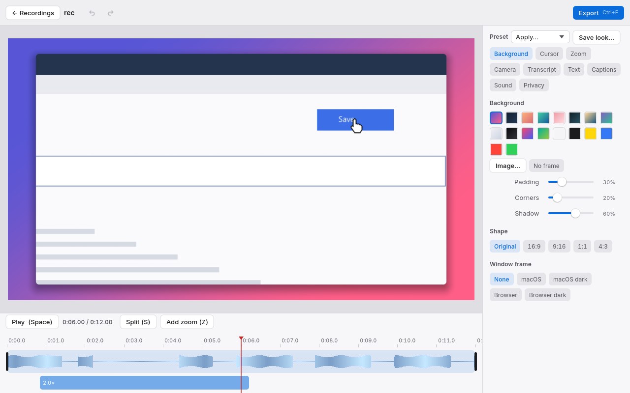 Aircast editor: a recording on a gradient background, the timeline with an automatic 2× zoom, and the background settings