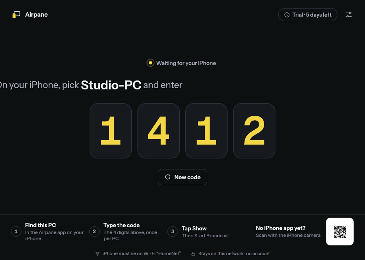 Airpane on Windows waiting for an iPhone: the PC name and a large 4-digit code, with the three steps Find, Code and Show