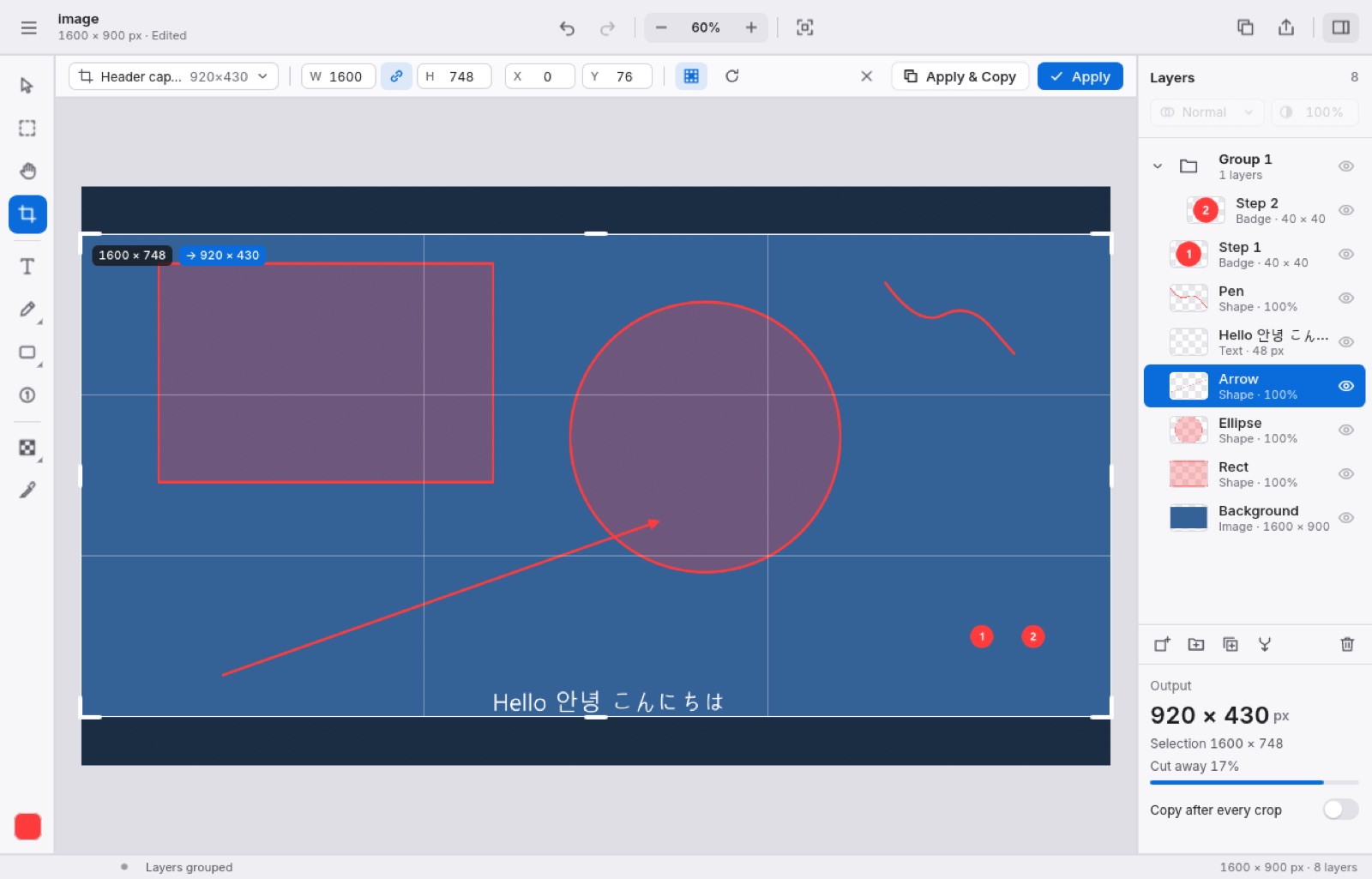 Airpix cropping an image to a 920×430 preset, with the layers panel on the right