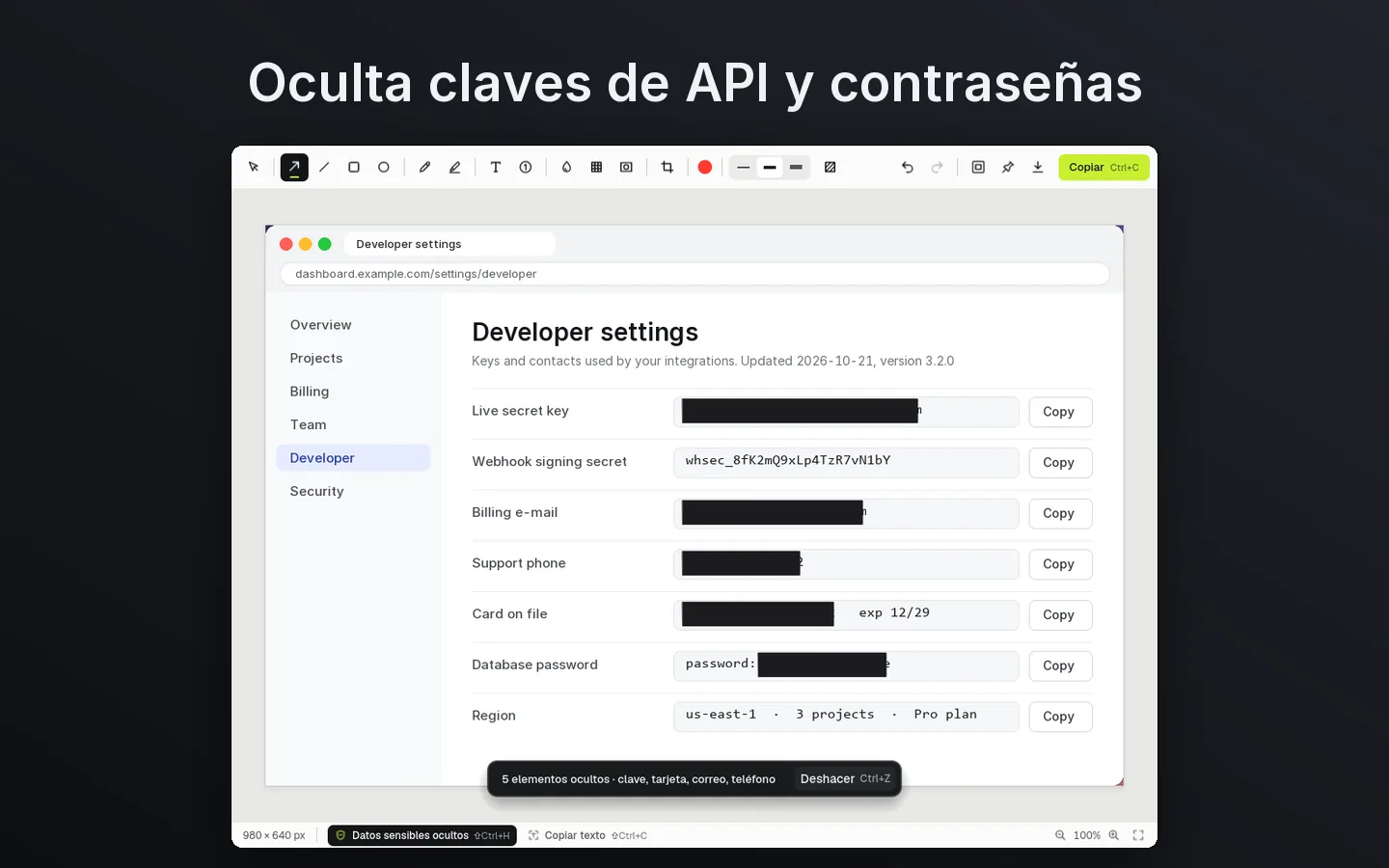 Oculta claves de API y contraseñas