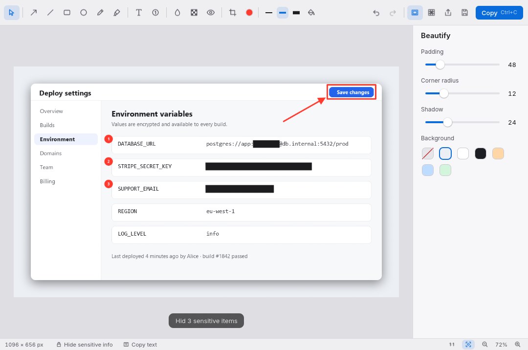Airshot editor: a settings page with the database password, API key and e-mail covered, numbered steps and an arrow, on a padded background