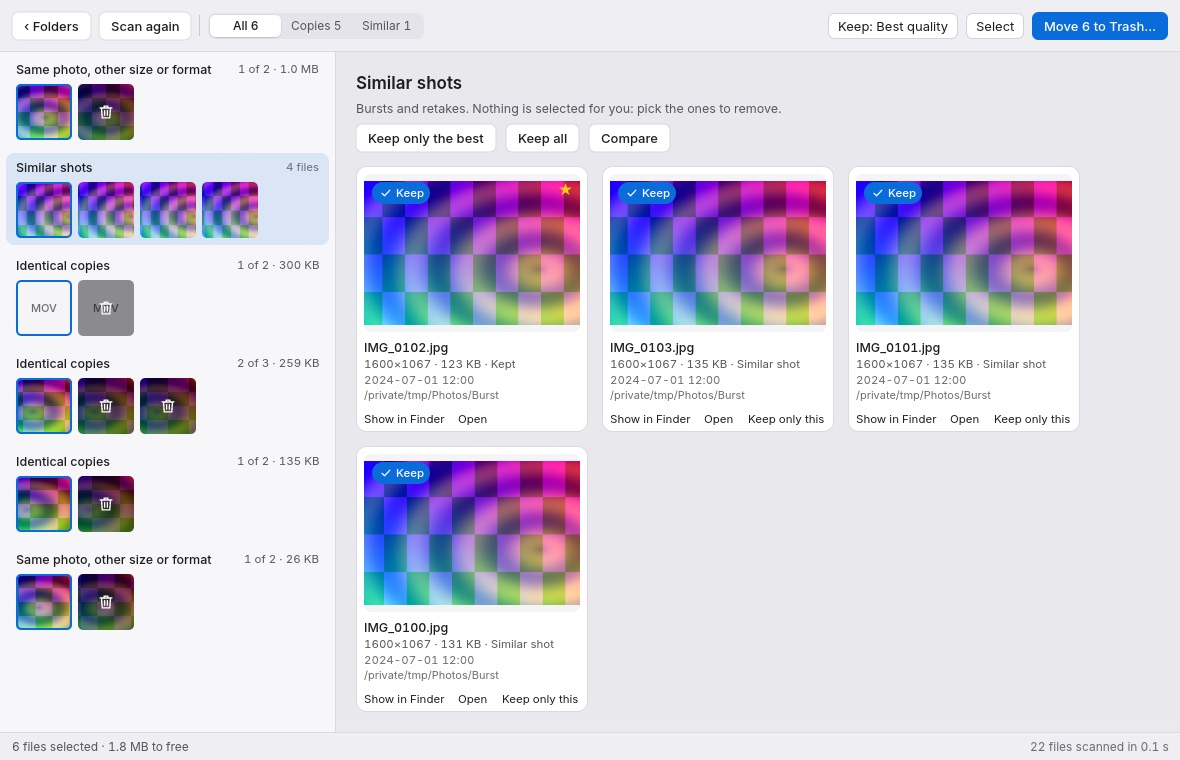 Airsweep results: groups of duplicates on the left, a burst of similar shots with the sharpest frame kept